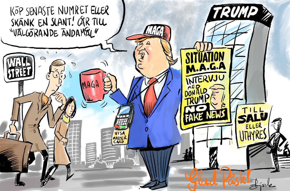 Tecknad bild (satir) av Donald Trump som samlar in pengar på grund av sina stora skadestånd. Han håller upp en löpsedel med rubriken "Situation MAGA". Veckans Björk
