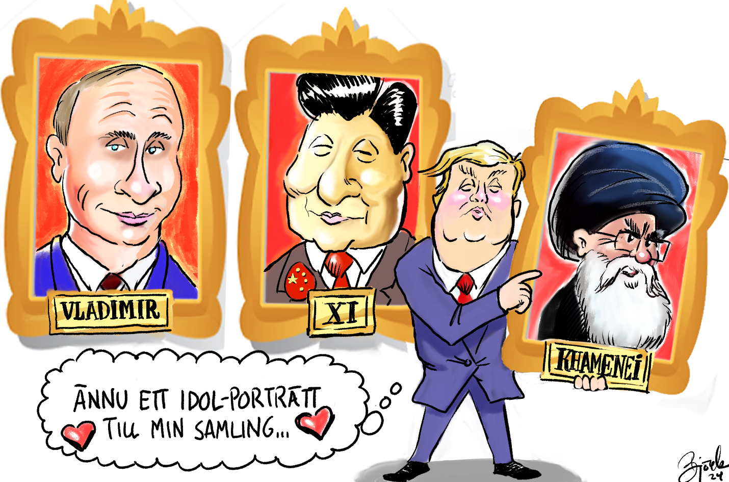 Veckans Björk. Teckningen visar Donald Trump som hänger upp ett idolporträtt av Irans ledare, Ali Khamenei. Där hänger redan stora bilder på Vladimir Putin och Xi Jinping.