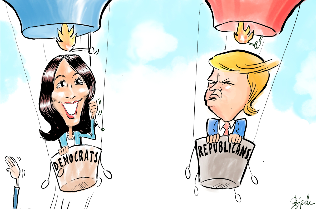 Bilden visar två luftballonger, en blå med en leende Kamala Harris och en röd med en sur Donald Trump. The race is off. Veckans Björk