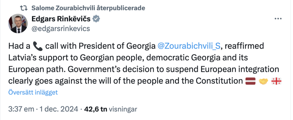 Ett inlägg på twitter av Lettlands president Edgar Rinkevics till stöd för det goergiska folket, demokrati och Georgiens närmande till EU, i ljuset av de stora protesterna.