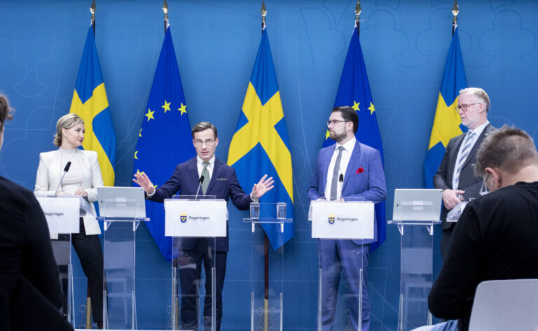 Pressräff i regeringskansliet med Ebba Busch, Ulf Kristersson Jimmie Åkesson och Johan Pehrson. Foto: Ninni Andersson/Regeringskansliet